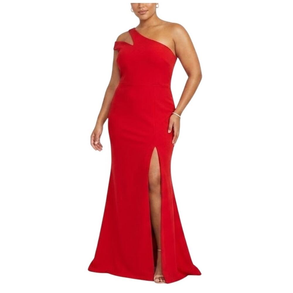 XSCAPE Red Evening Gown Cut Out One Shoulder Thigh Slit A-Line Dress Size 14P